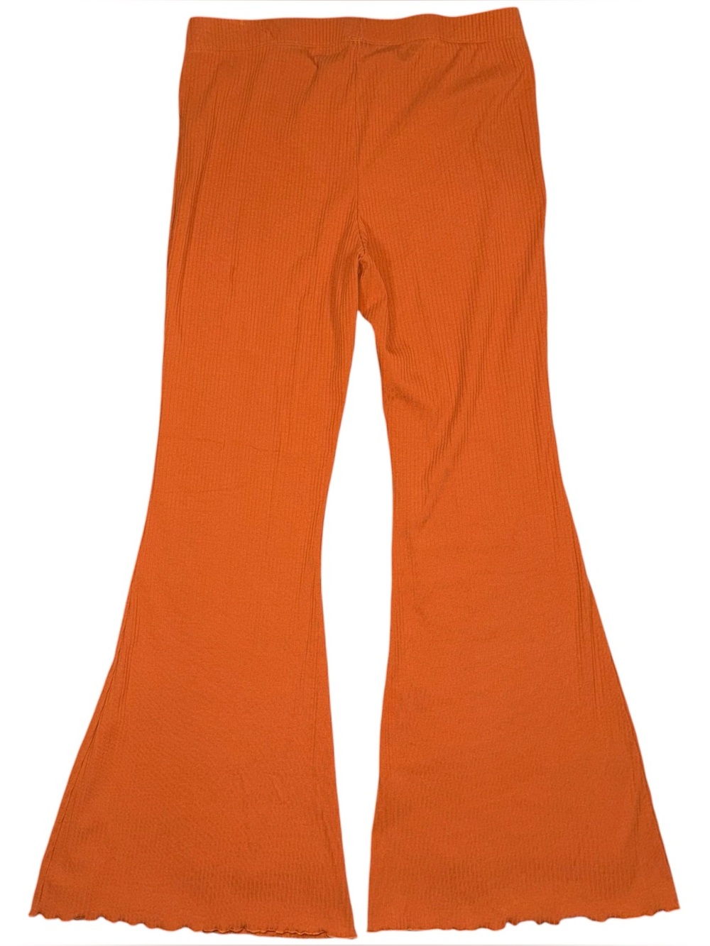Orange Ribbed Flare Pull On Pants Sz L Lettuce Hem Stretch Knit 70s Retro Hippie - Picture 2 of 7